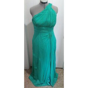 Aidan Mattox Flowy One Shoulder Gown Solid Green 100% Silk Shell Side Slit Sz 14